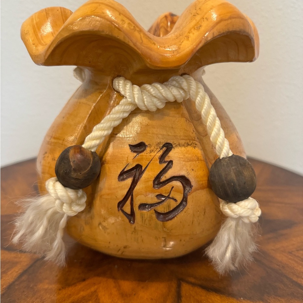 Vintage Chinese Hand Carved Wooden F’u Money  Bag for Prosperity